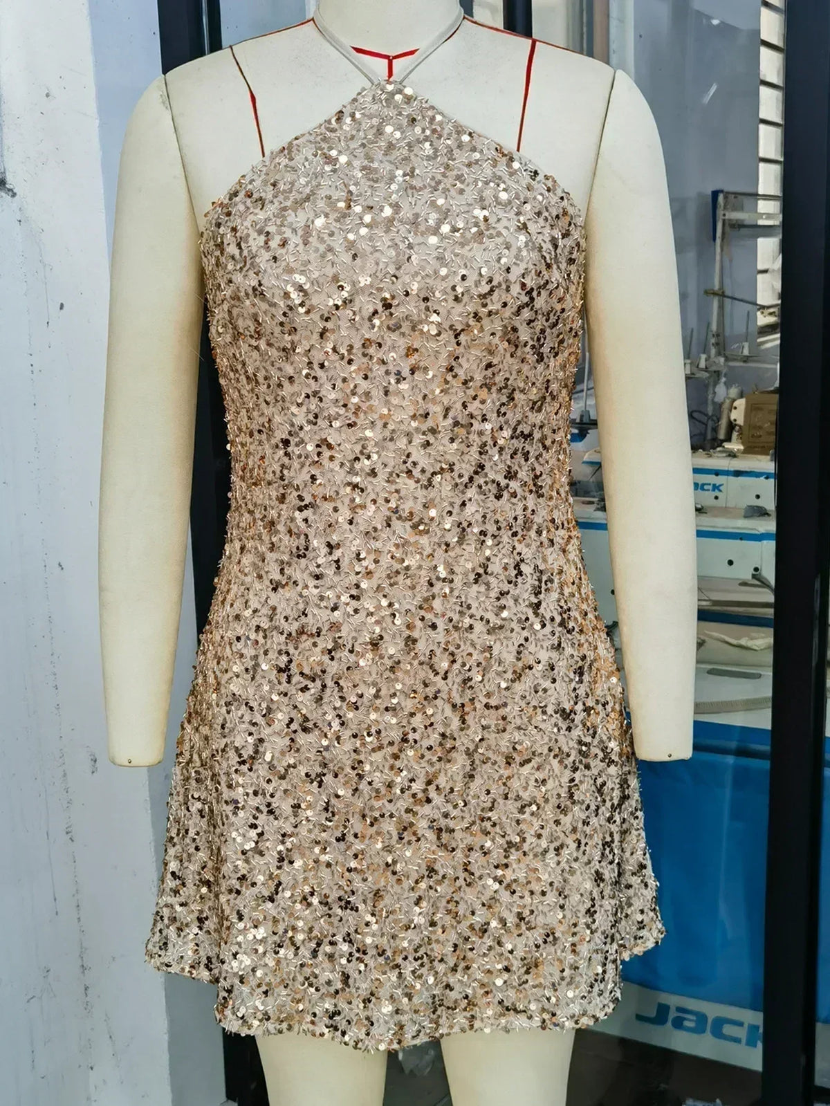 Champagne sequin halter mini dress by Femstylo – view 6