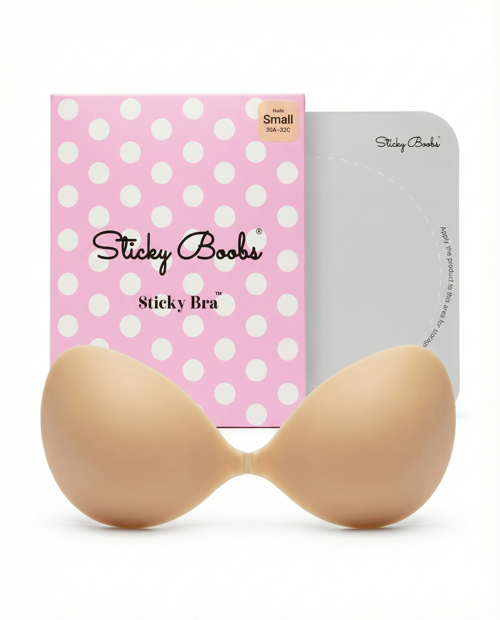 Sticky Boobs adhesive push-up strapless bra, tan shade, product standing view