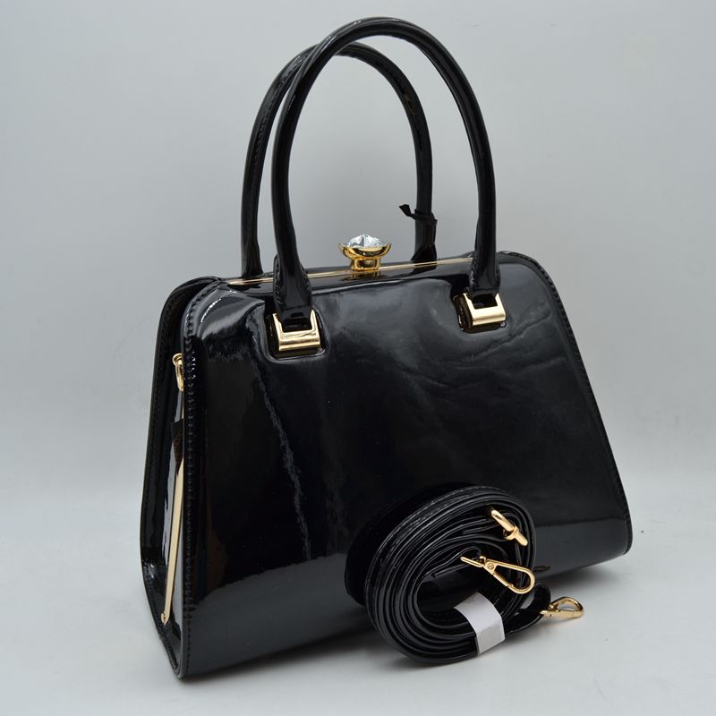 Patent frame satchel handbag with pearl clasp — product image 1 (T3446 BK)
