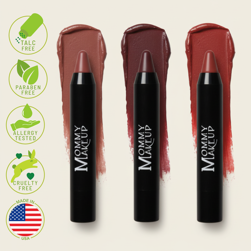Mommy Makeup Triple Stick product and shade presentation