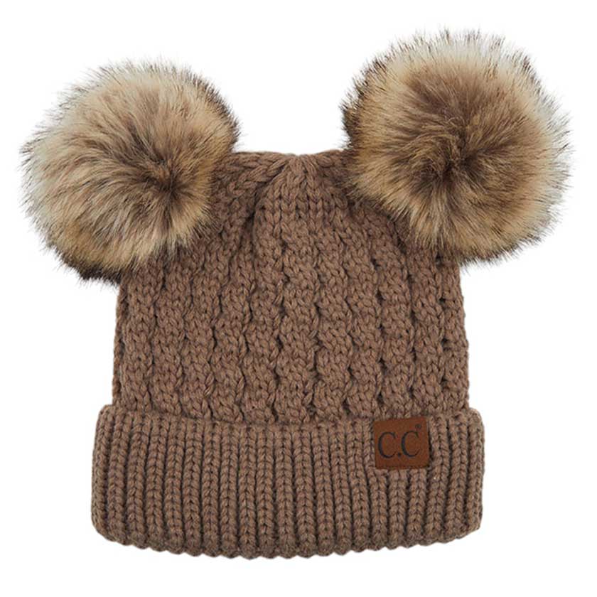 C.C Double Pom Cable Knit Beanie in Taupe