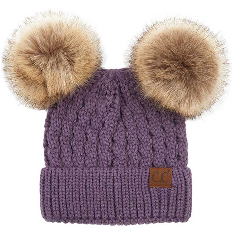 C.C Double Pom Cable Knit Beanie in Violet