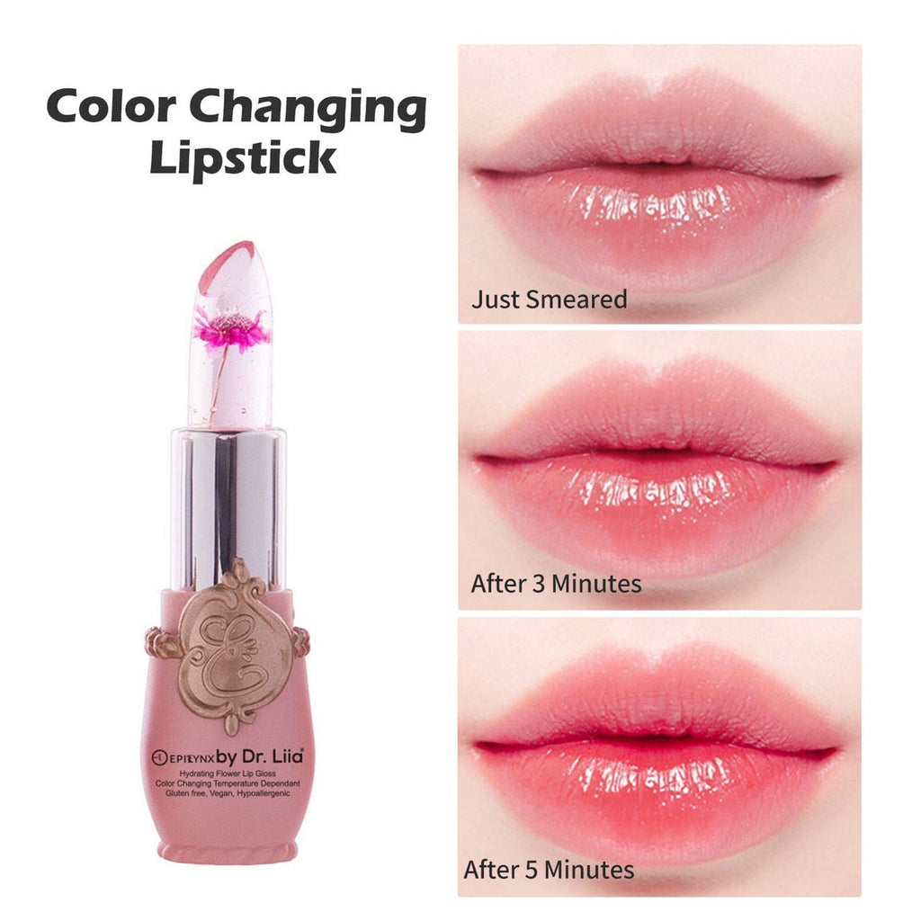 Color-changing lip gloss with decorative flower inside tube