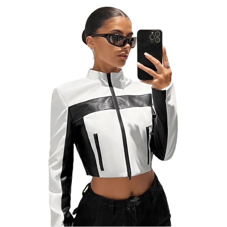 Women's black and white contrast faux leather cropped jacket