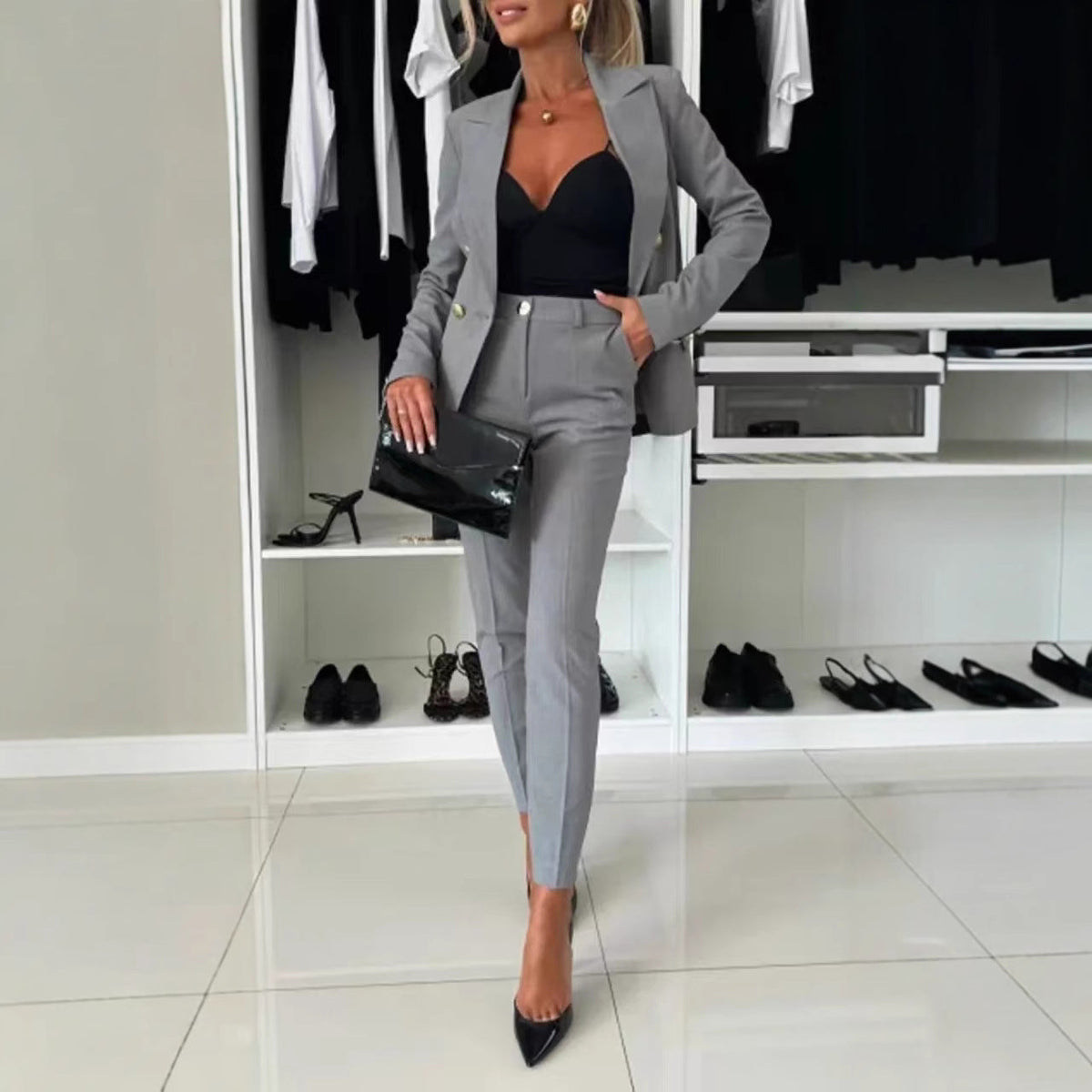 Women's tailored pant suit styled front view