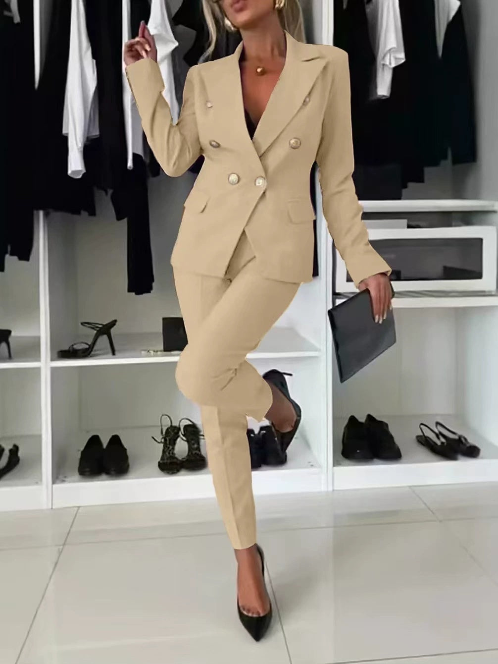 Tailored double-breasted blazer and trouser set detail