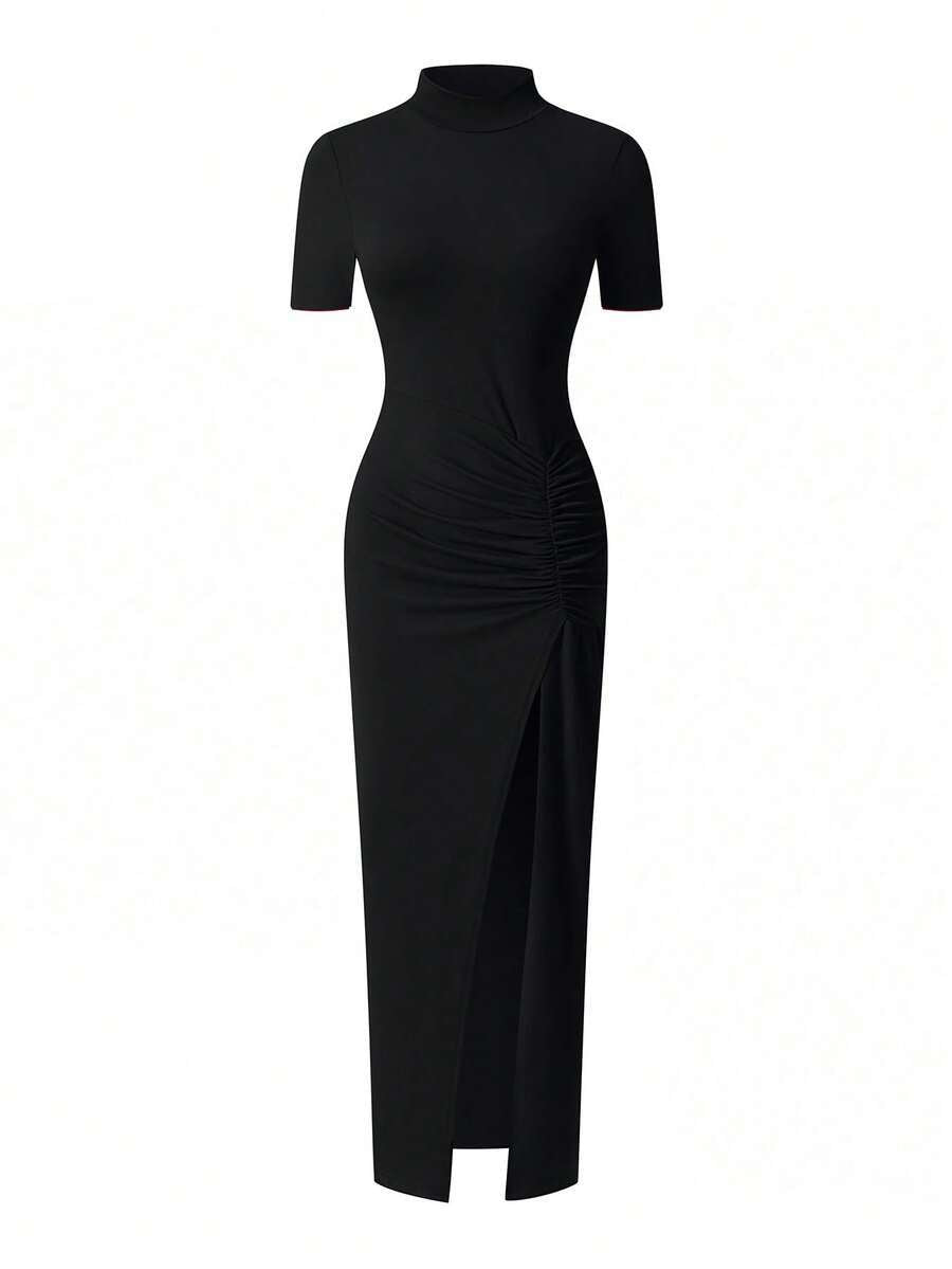 Black ruched mock-neck midi dress alternate product view