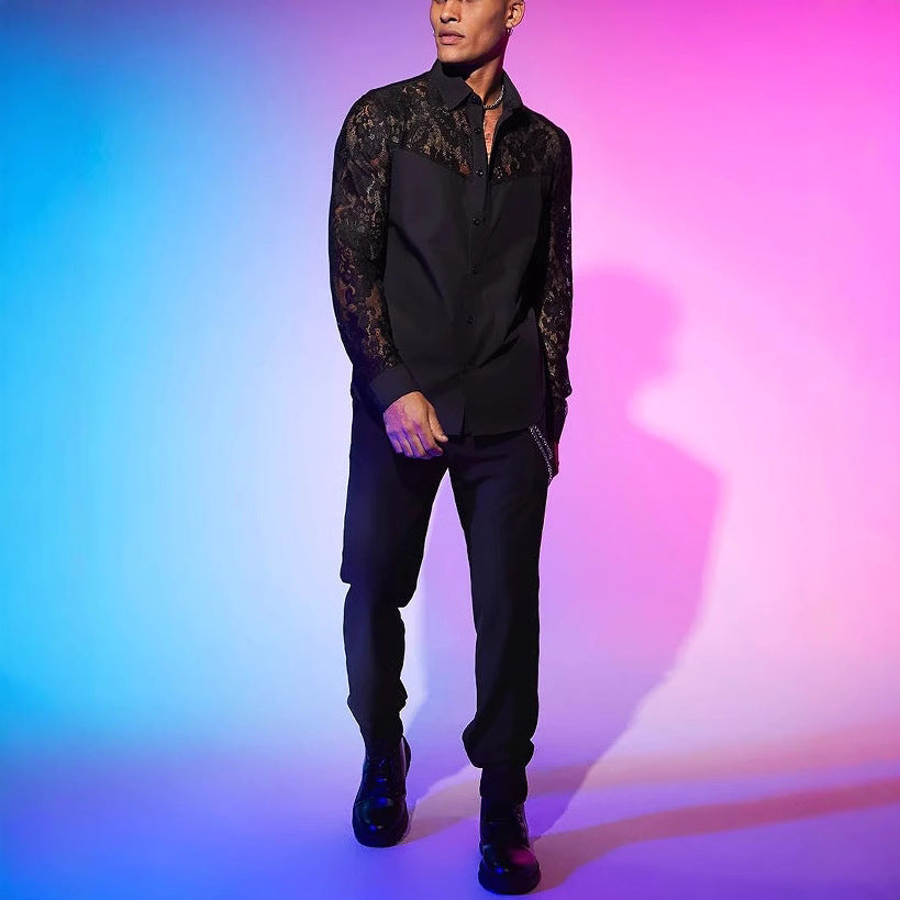 Men’s black lace-patchwork long-sleeve shirt product image 1