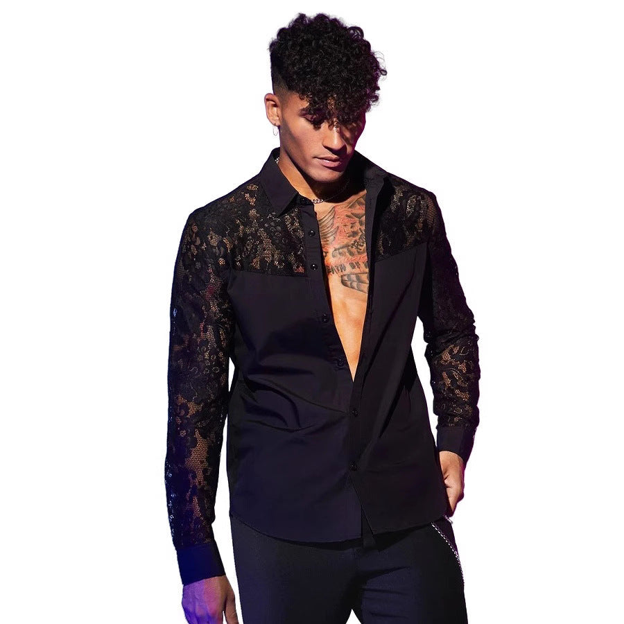 Men’s black lace-patchwork long-sleeve shirt product image 4