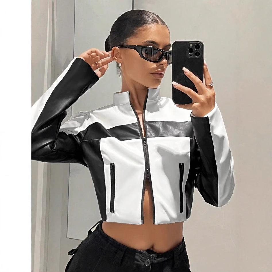 Black and white contrast cropped faux leather jacket - alternate view