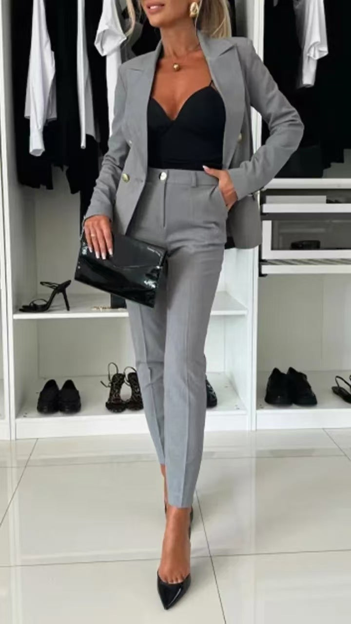 Double-breasted blazer and trouser set polished styling view