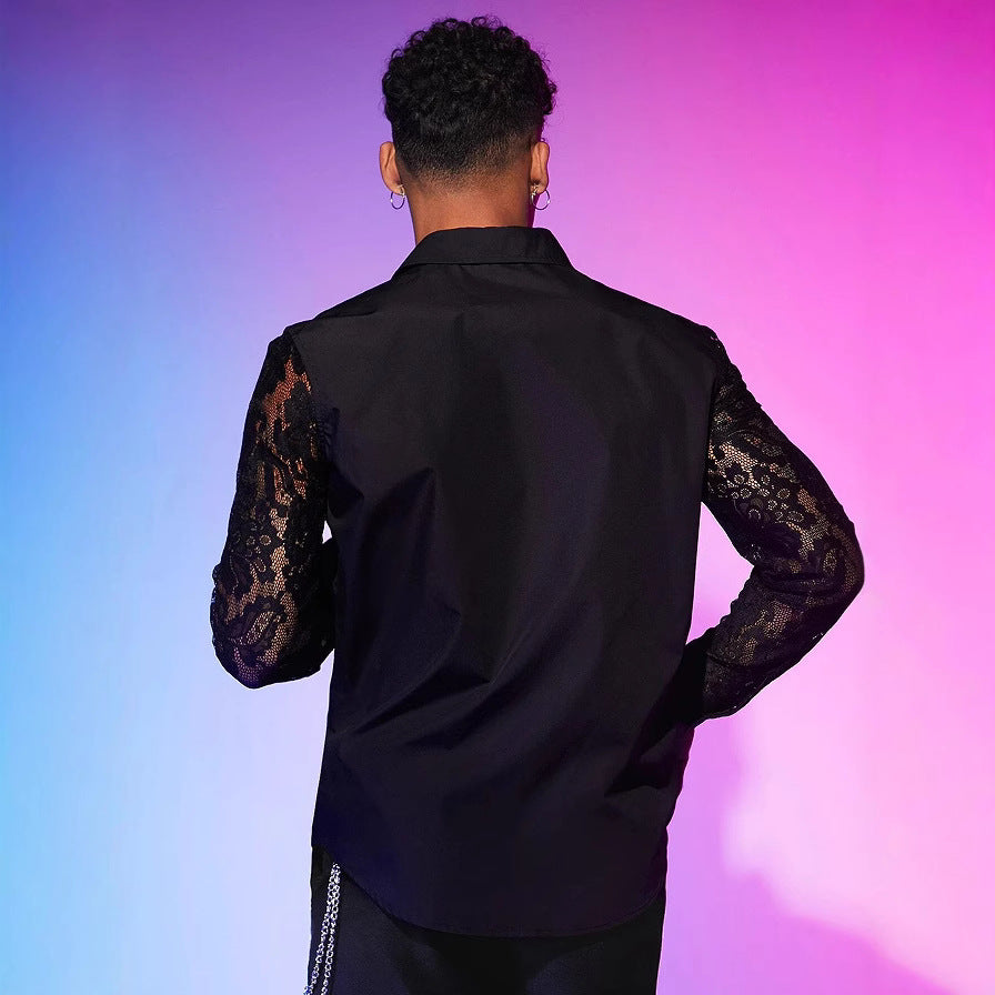 Men’s black lace-patchwork long-sleeve shirt product image 3