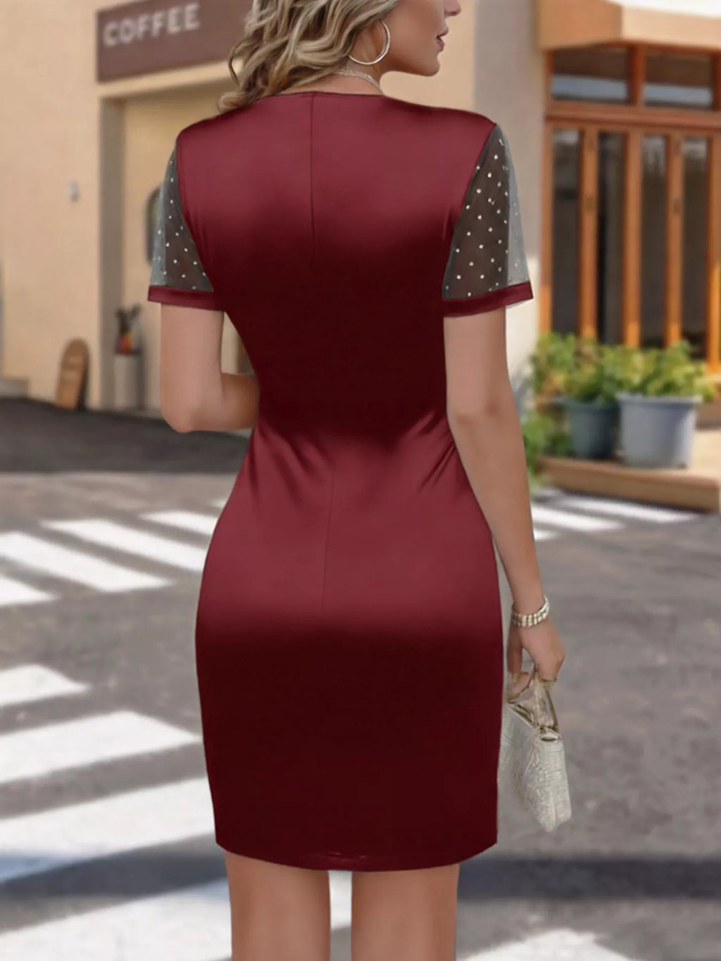 Ruched satin wrap dress with sheer mesh sleeves — product image 6