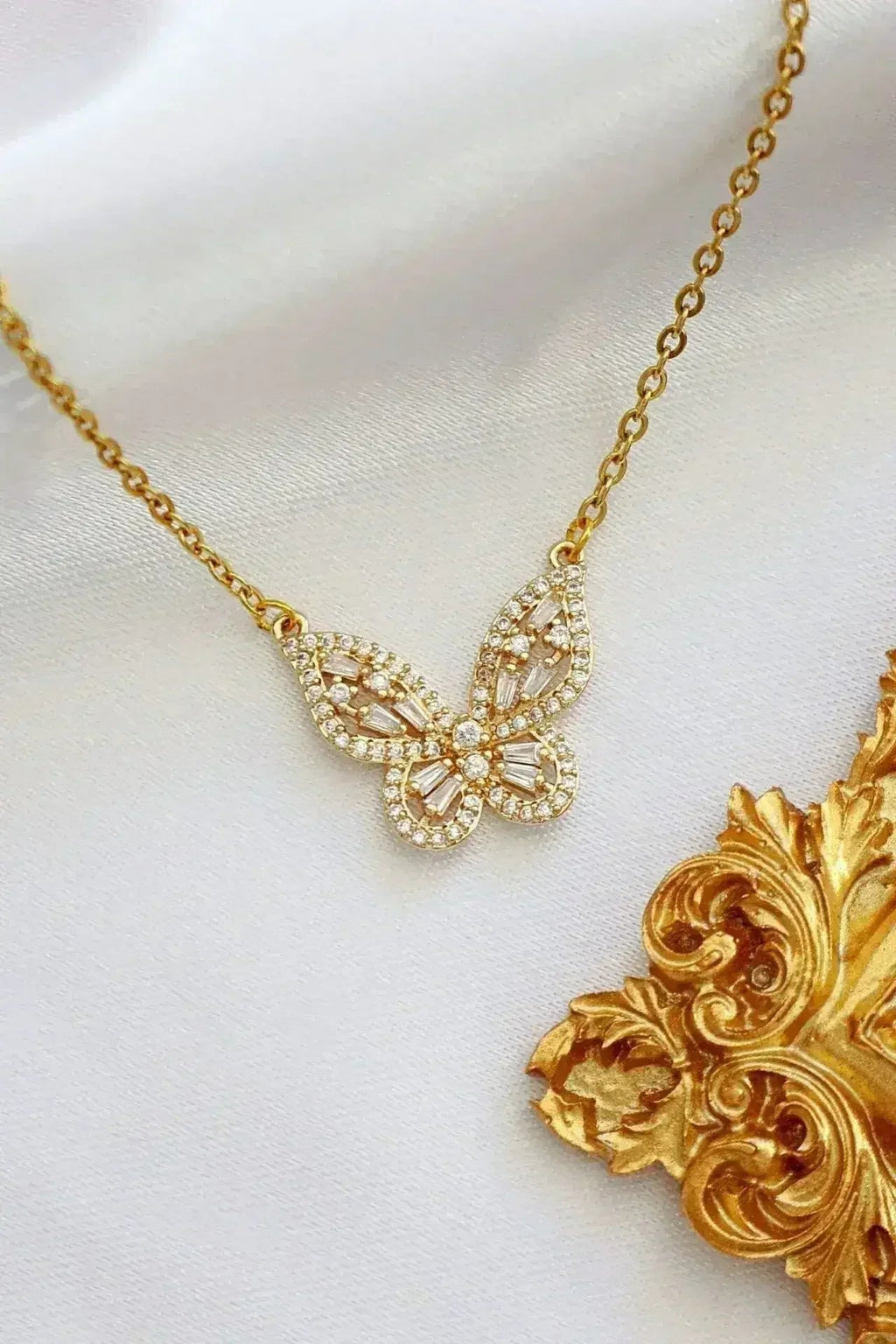 24K gold-plated butterfly pendant necklace with cubic zirconia accents