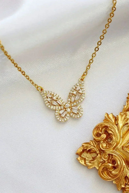 24K gold-plated butterfly pendant necklace with cubic zirconia accents
