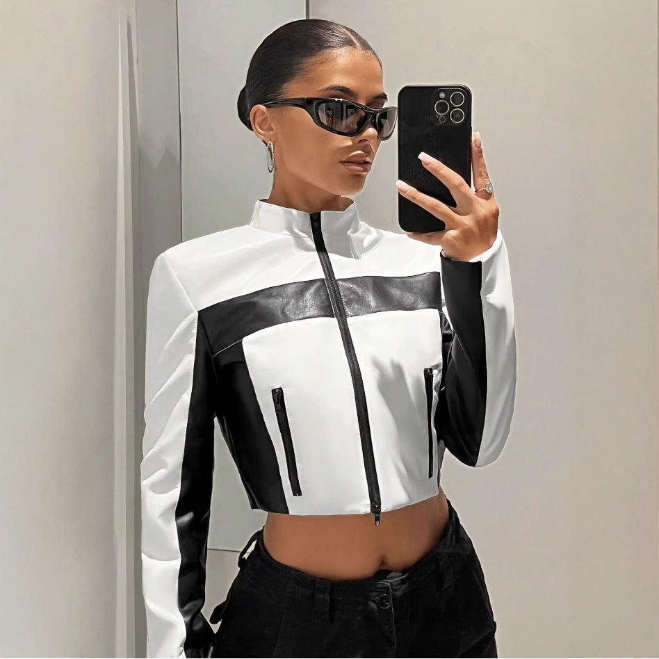 Contrast faux leather cropped jacket in black and white - front view