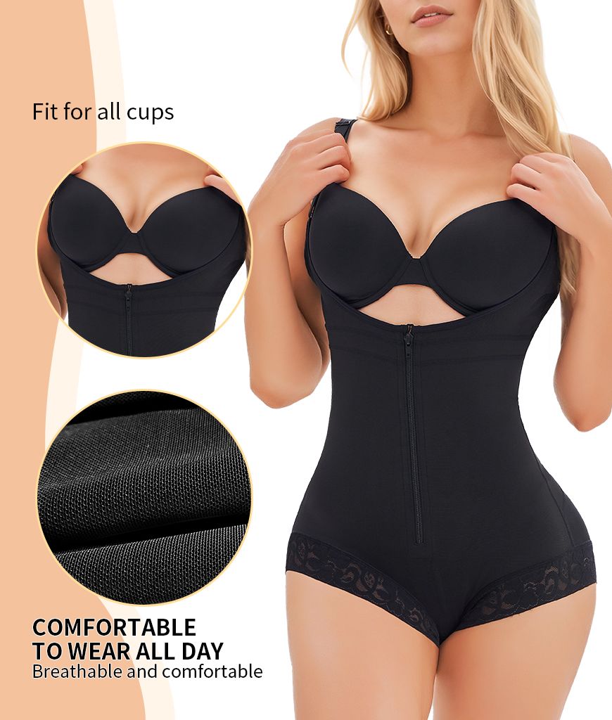 Black thong shapewear bodysuit with lace trim
