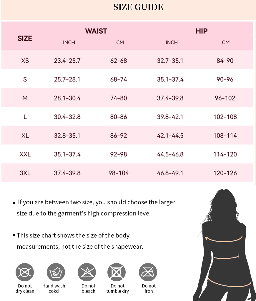 Colombian shapewear bodysuit XS to 3XL size guide with waist and hip measurements