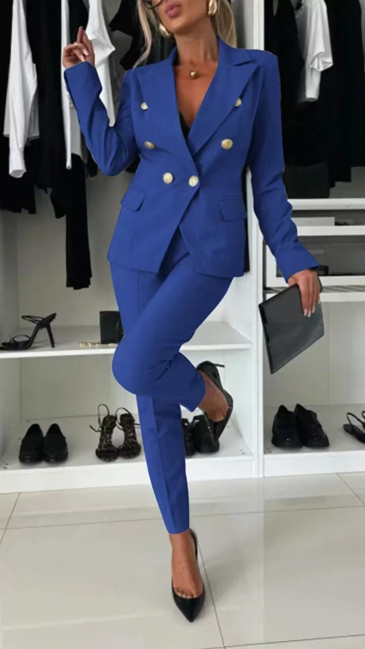 Women's double-breasted blazer suit styled view