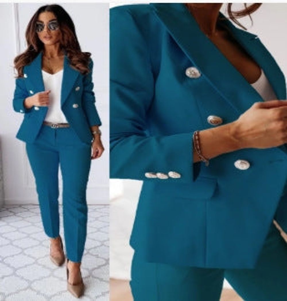 Women's tailored blazer and trouser set styled full-body view