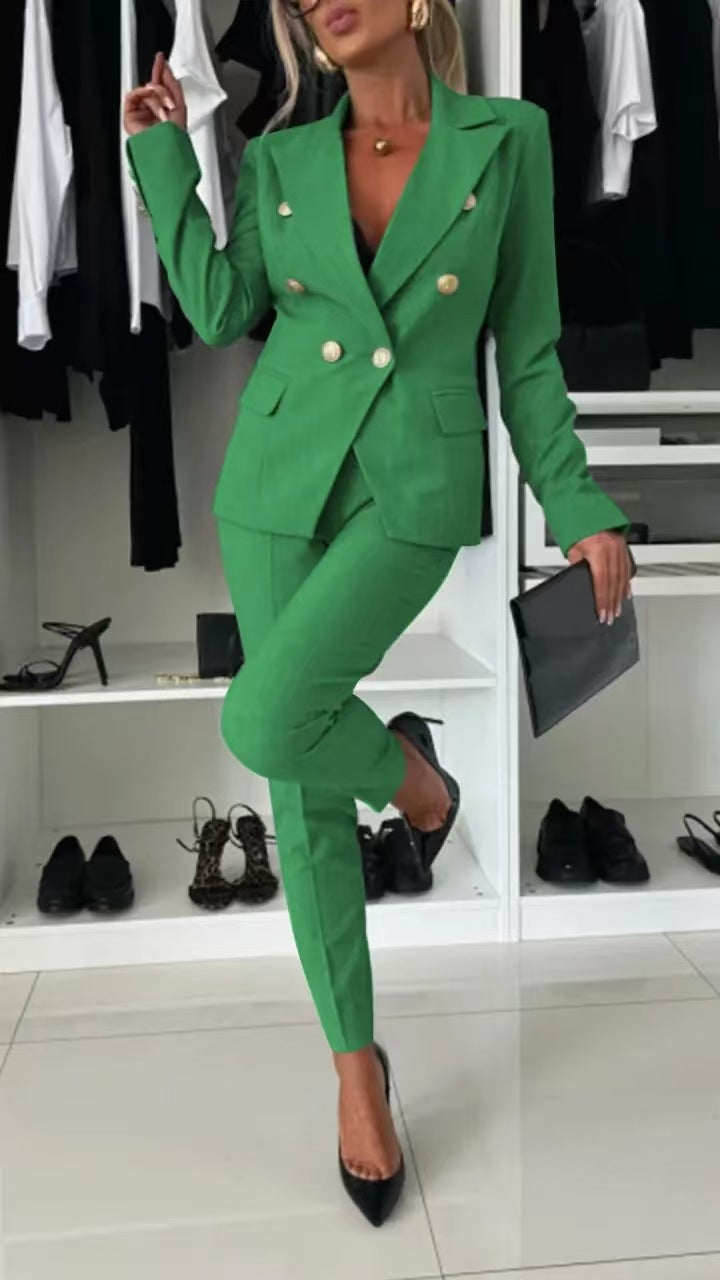 Double-breasted blazer and trousers elevated outfit view