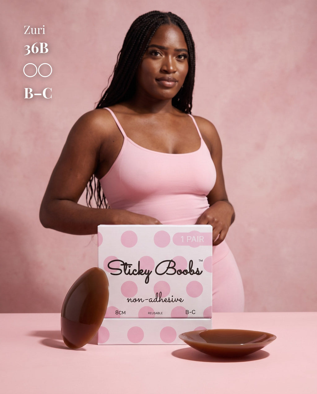 Sticky Boobs non-adhesive silicone nipple covers, dark shade, product standing view