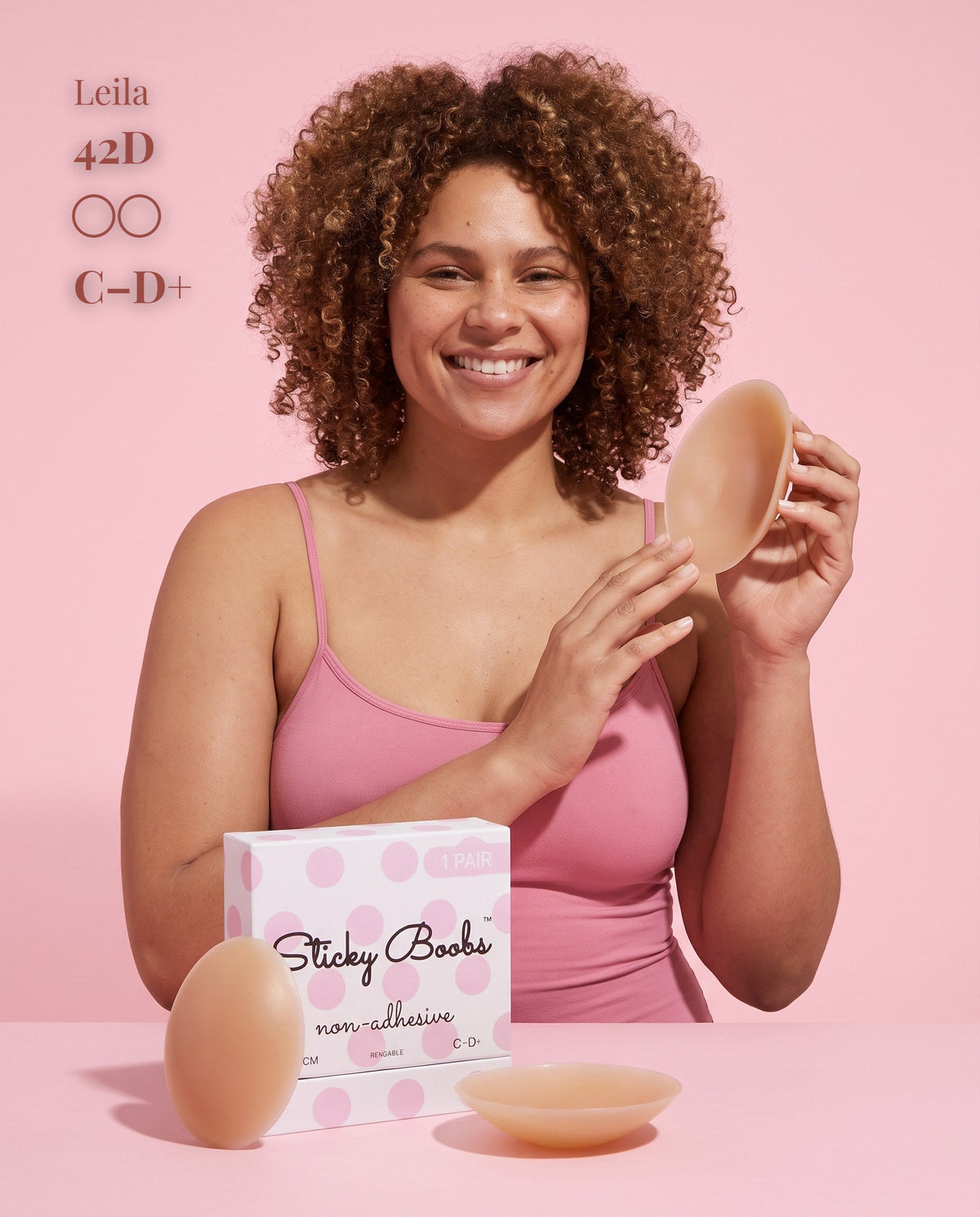 Sticky Boobs non-adhesive silicone nipple covers, tan shade, product standing view