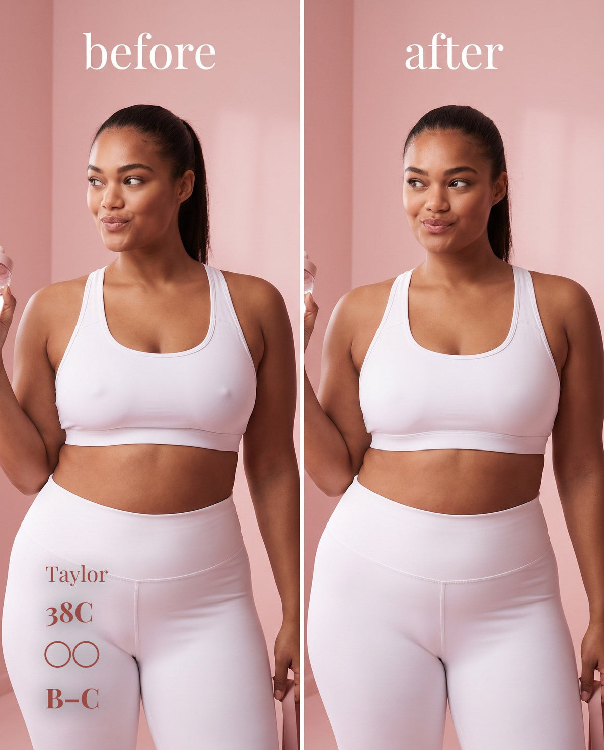 Sticky Boobs non-adhesive silicone nipple covers, tan shade, before-and-after product demonstration