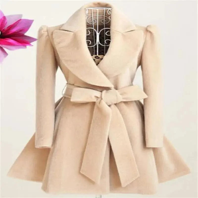 Women's belted flared coat styling view