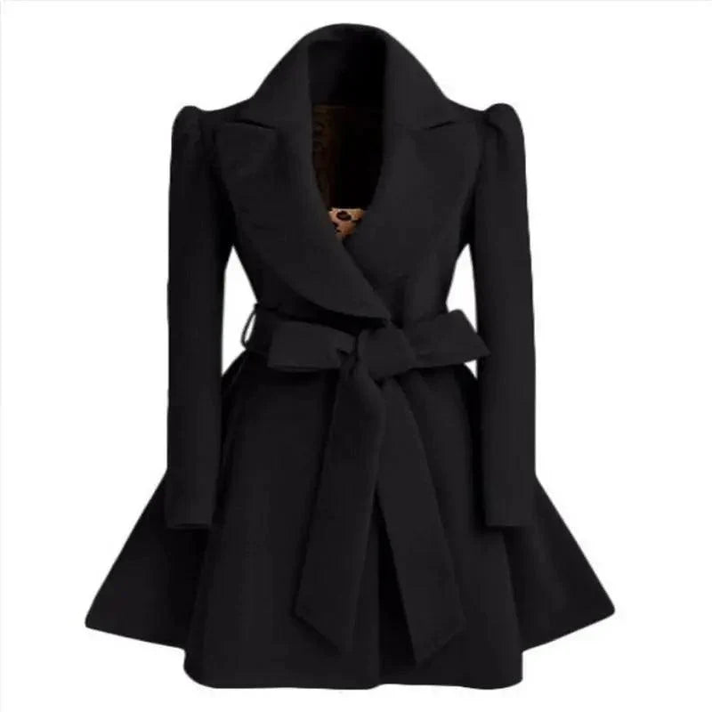 Belted coat with fitted waist and flared hem