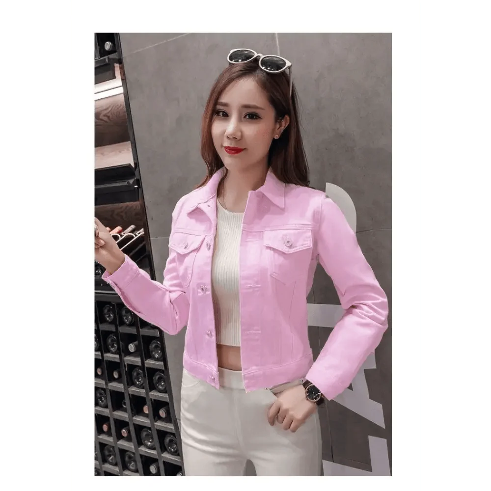 Women’s slim-fit button-front denim jacket detail view 16