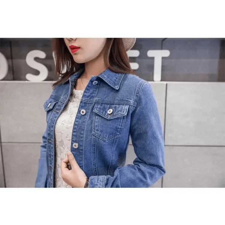 Women’s slim-fit button-front denim jacket detail view 34