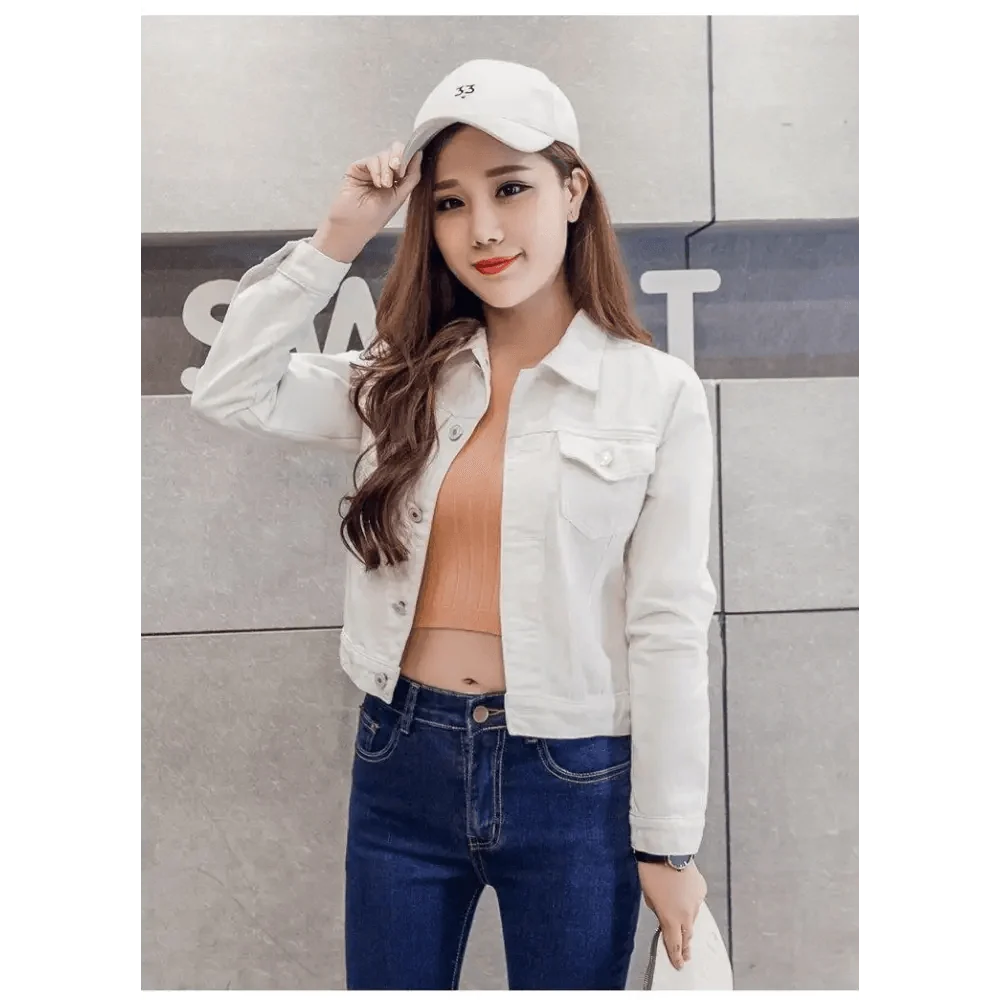 Women’s slim-fit button-front denim jacket detail view 33