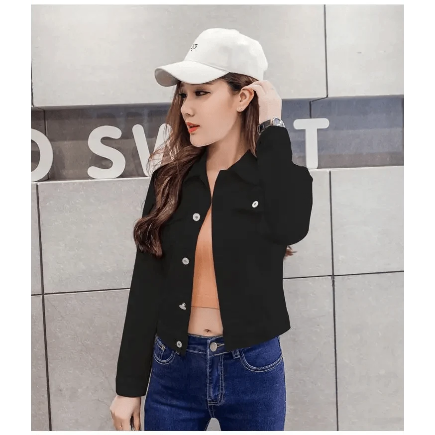 Women’s slim-fit button-front denim jacket detail view 31