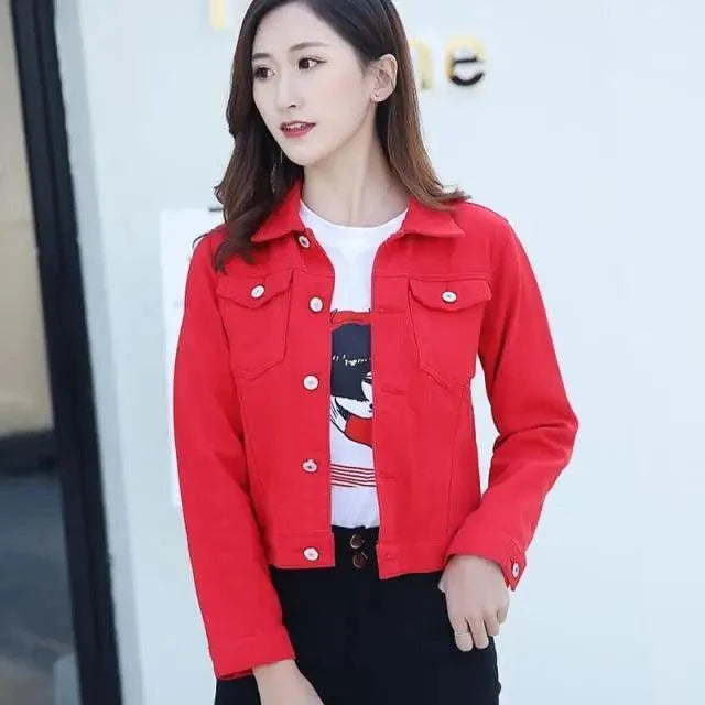 Women’s slim-fit button-front denim jacket detail view 26
