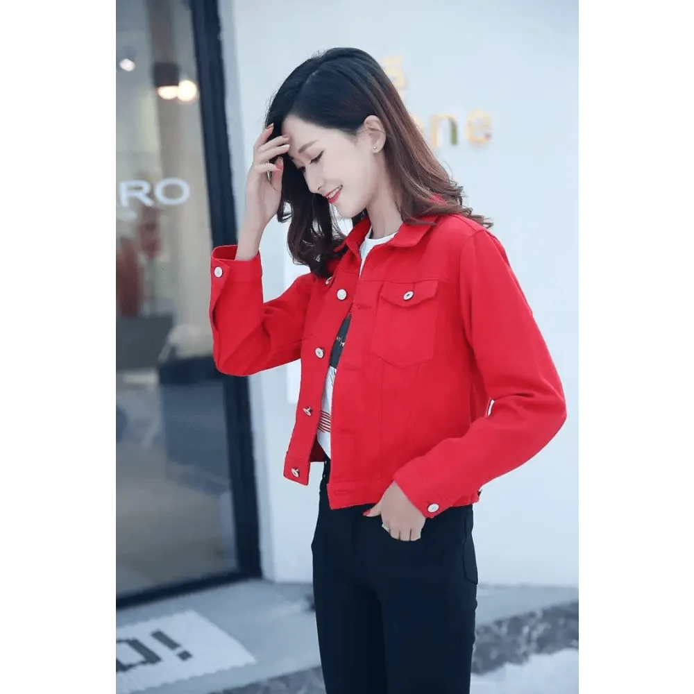 Women’s slim-fit button-front denim jacket detail view 7