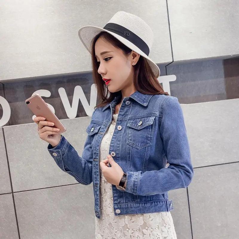 Women’s slim-fit button-front denim jacket detail view 18