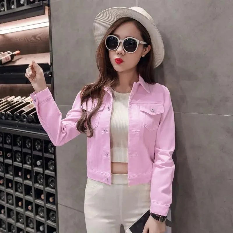 Women’s slim-fit button-front denim jacket detail view 23