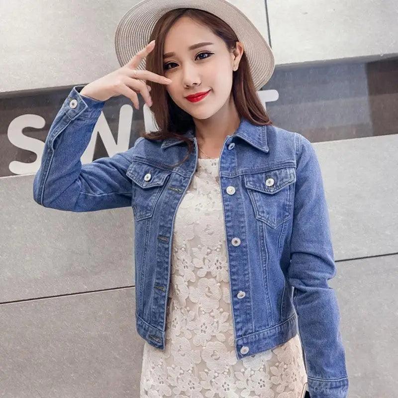 Women’s slim-fit button-front denim jacket detail view 32