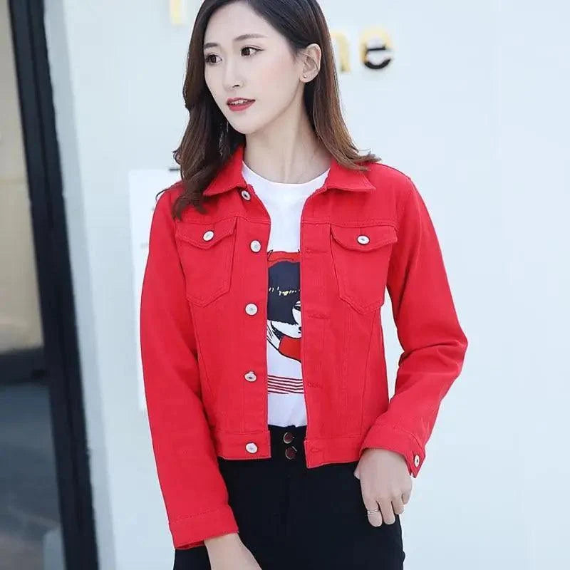 Women’s slim-fit button-front denim jacket detail view 14