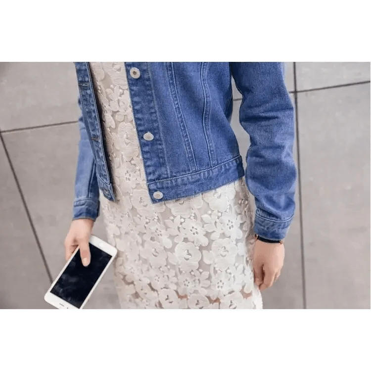 Women’s slim-fit button-front denim jacket detail view 10