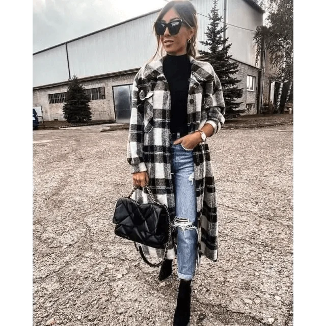 Women’s plaid button-front long coat detail view 14