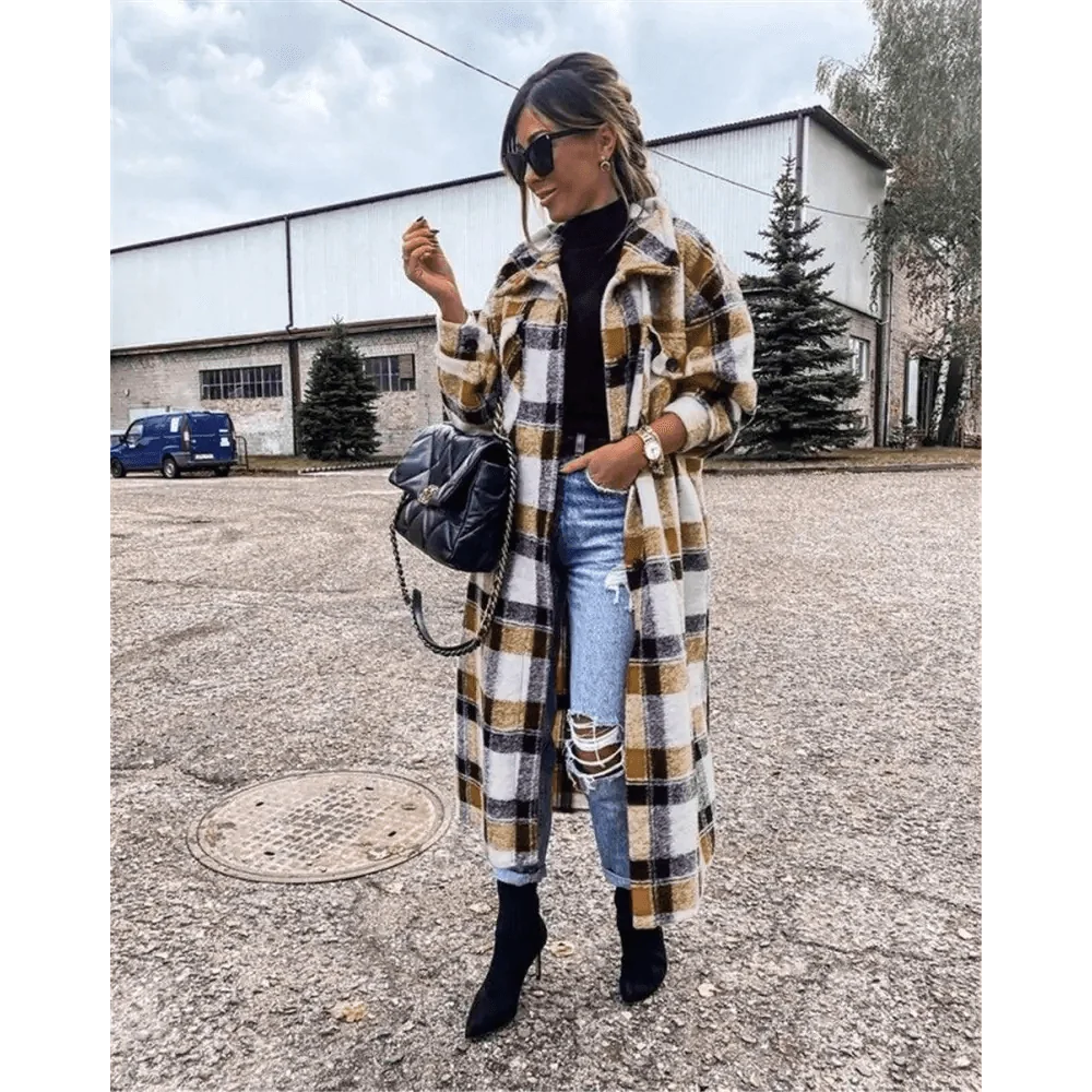 Women’s plaid button-front long coat detail view 8