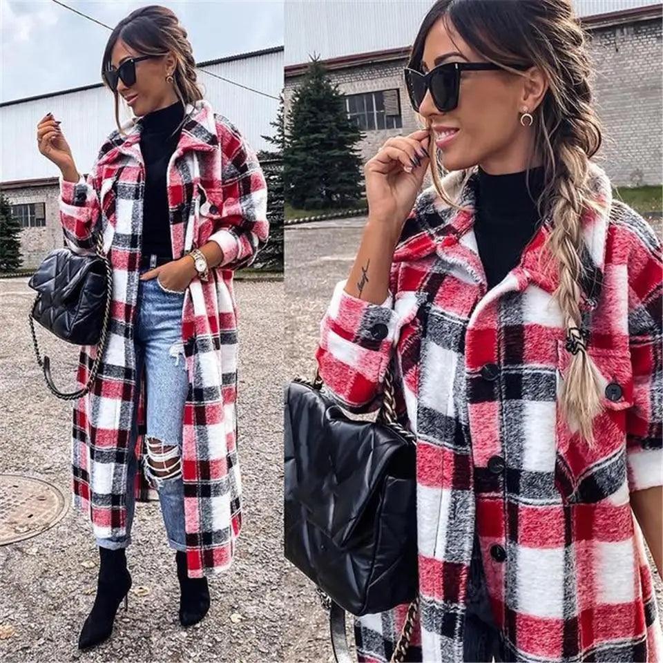 Women’s plaid button-front long coat by Stevvex