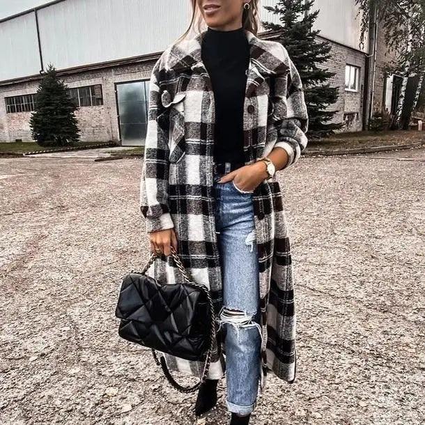 Women’s plaid button-front long coat detail view 2