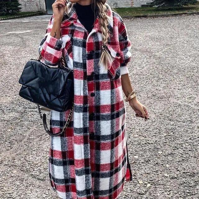 Women’s plaid button-front long coat detail view 4