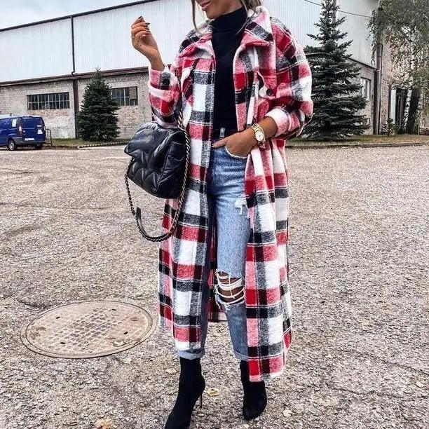 Women’s plaid button-front long coat detail view 3