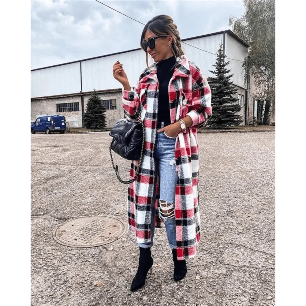 Women’s plaid button-front long coat detail view 13