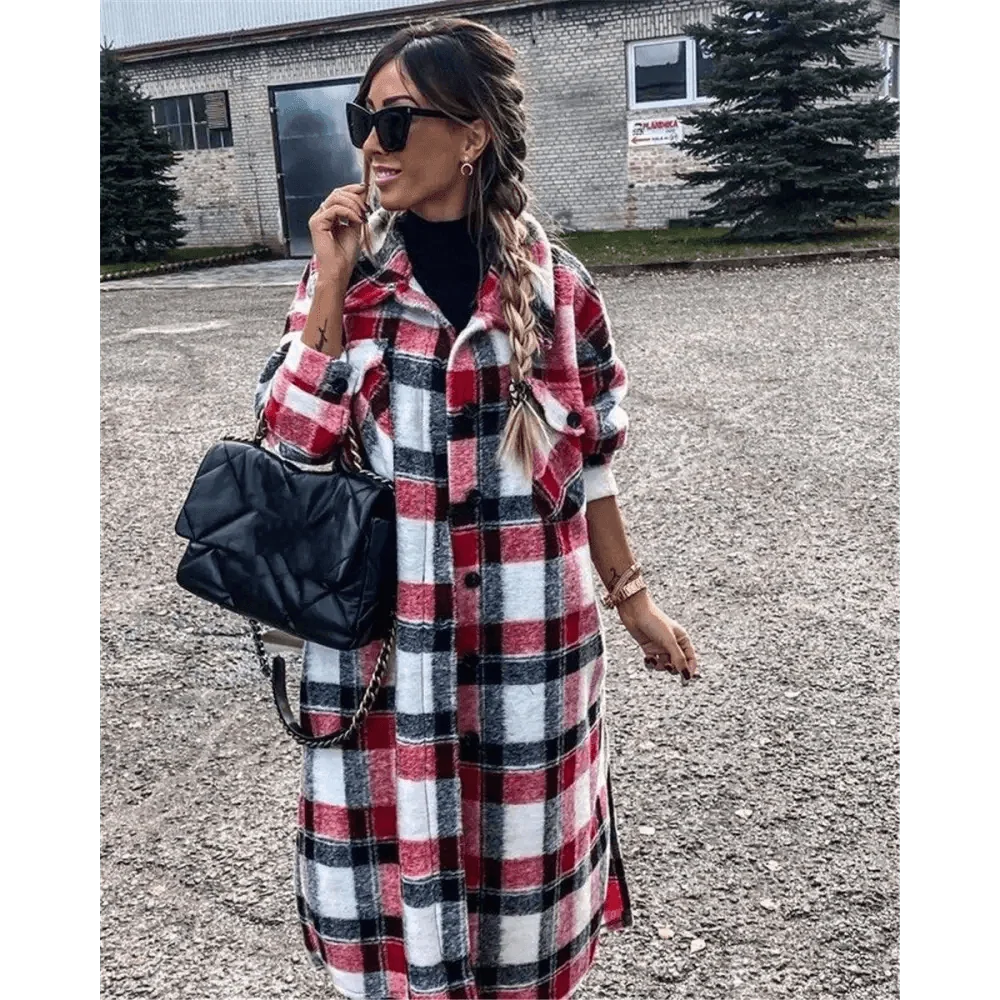 Women’s plaid button-front long coat detail view 9