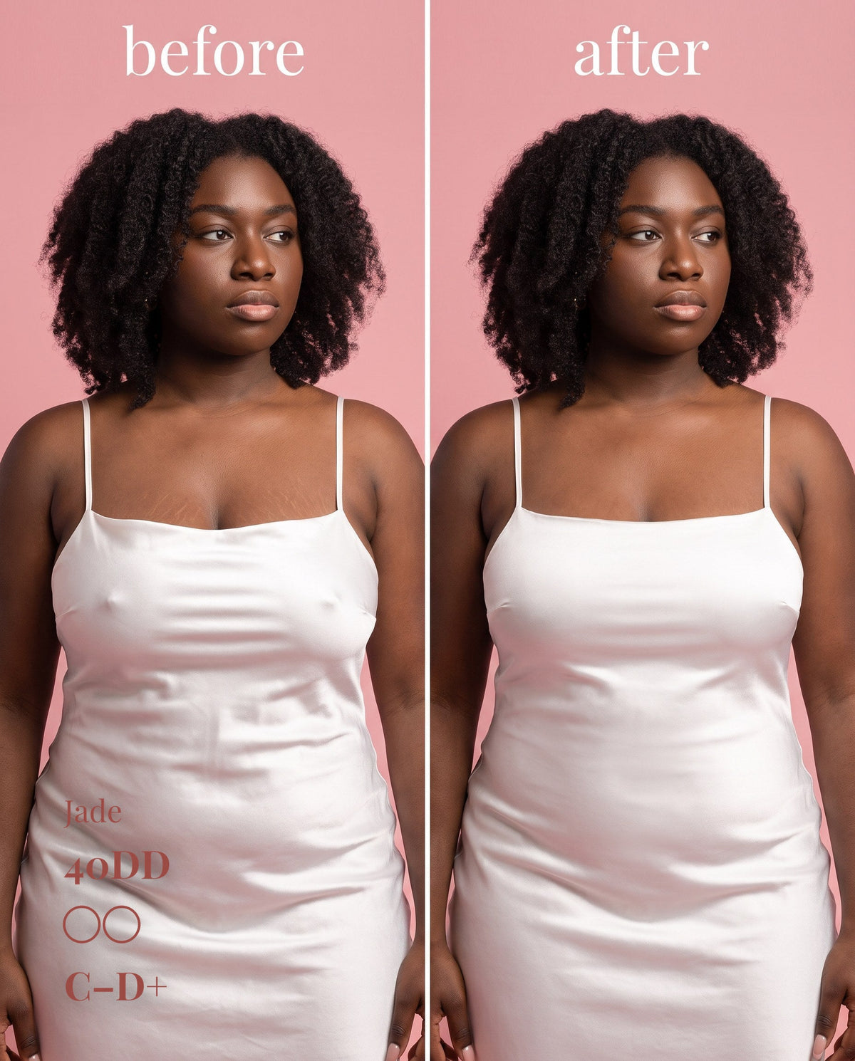 Sticky Boobs adhesive silicone nipple covers, dark shade, cup size C–D, before-and-after product demonstration